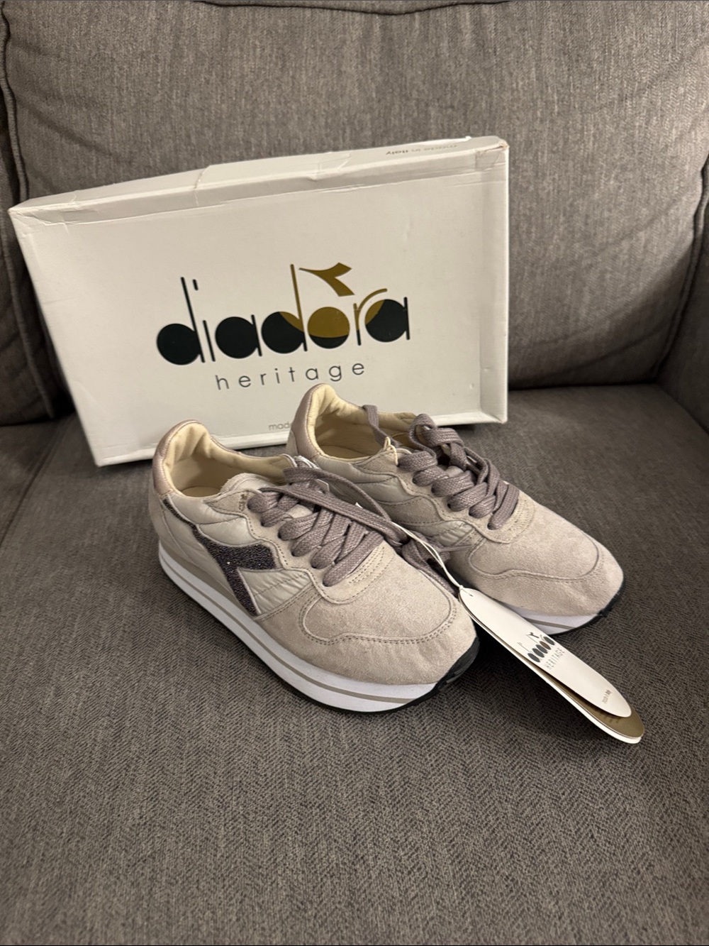 Diadora Women's Light Gray Suede Sneaker with Glitter Logo View 3